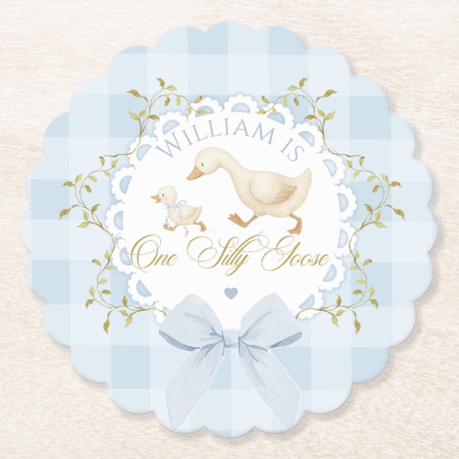 One Silly Goose Blue Goingham Whimsical Birthday Paper Coaster (Front)