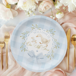 One Silly Goose Blue Goingham Whimsical Birthday Paper Plate