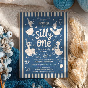 One Silly Goose Blue Kids First Birthday Party Invitation