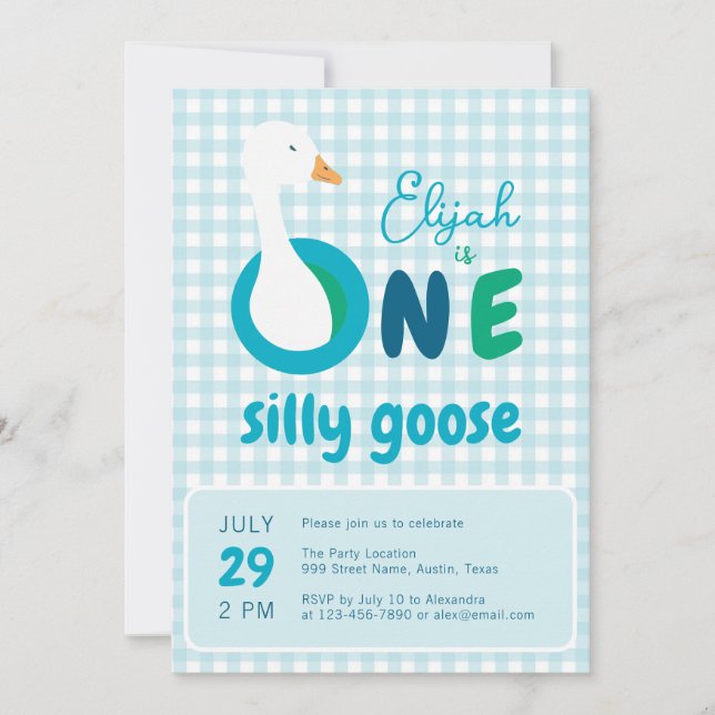 One Silly Goose Blue Plaid Boy 1st Birthday Party Invitation (Front)