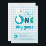 One Silly Goose Blue Plaid Boy 1st Birthday Party Invitation<br><div class="desc">For a baby boy's first birthday with the theme "one silly goose". The background is light blue and white gingham chequered plaid pattern. The word ONE has each letter in a different colour: regular blue, navy blue and green, and a white goose's head pops from the big O. The name...</div>