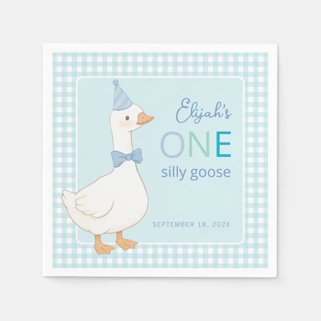 One Silly Goose Blue Plaid Boy 1st Birthday Party Napkin (Front)