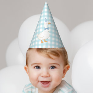 One Silly Goose Blue Plaid Cute Boy First Birthday Party Hat