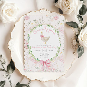 One Silly Goose Blush pink Bow Girl 1st Birthday Invitation