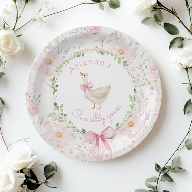 One Silly Goose Blush pink Bow Girl 1st Birthday  Paper Plate (Creator Uploaded)