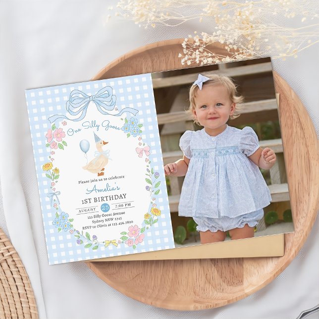 One Silly Goose Bow Floral 1st Birthday Photo Invitation (Creator Uploaded)