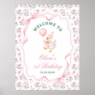 One Silly Goose Bow Floral 1st Birthday Welcome Poster