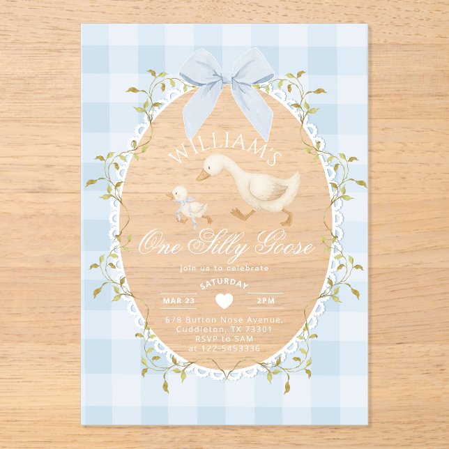 One Silly Goose Boy 1st BIrthday Gingham Whimsical Acrylic Invitations (Front)