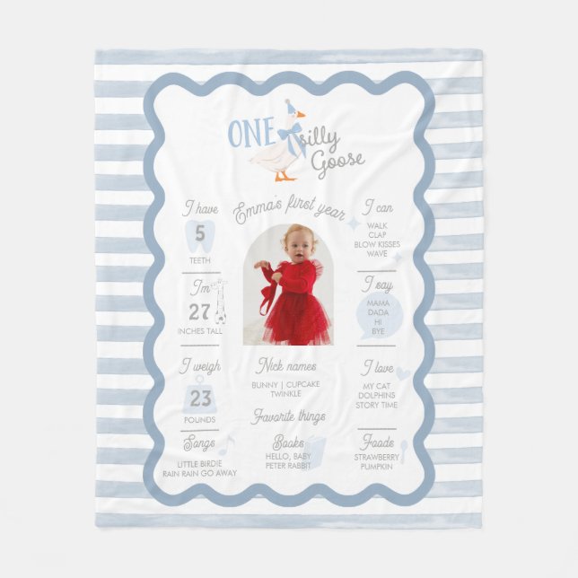 One Silly Goose Boy 1st Birthday Milestone Fleece Blanket (Front)
