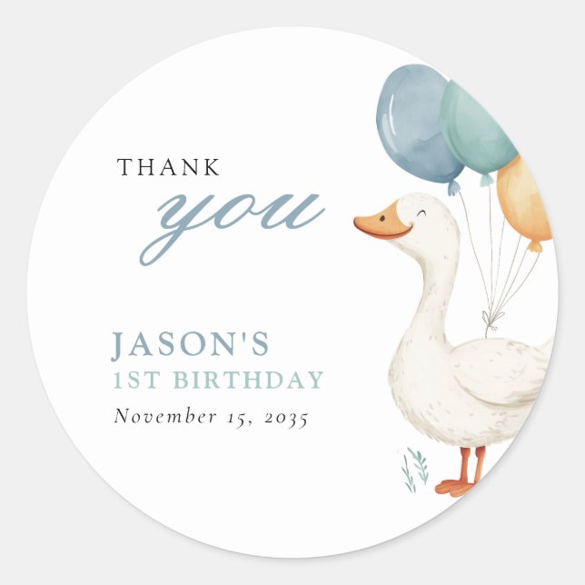 One Silly Goose Boy 1st Birthday Party Classic Round Sticker (Front)