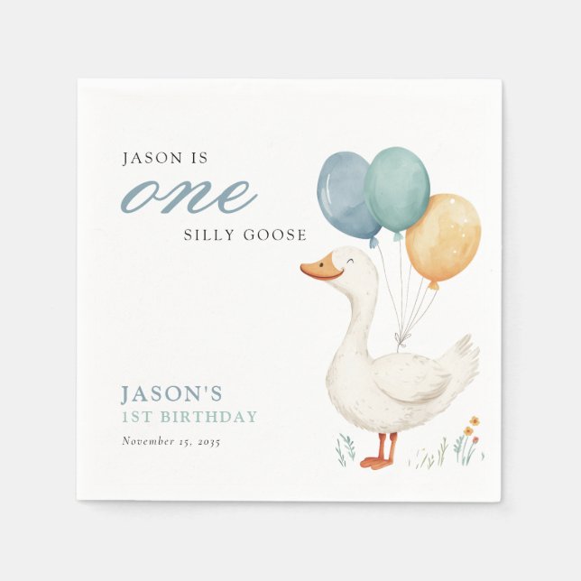 One Silly Goose Boy 1st Birthday Party Napkin (Front)