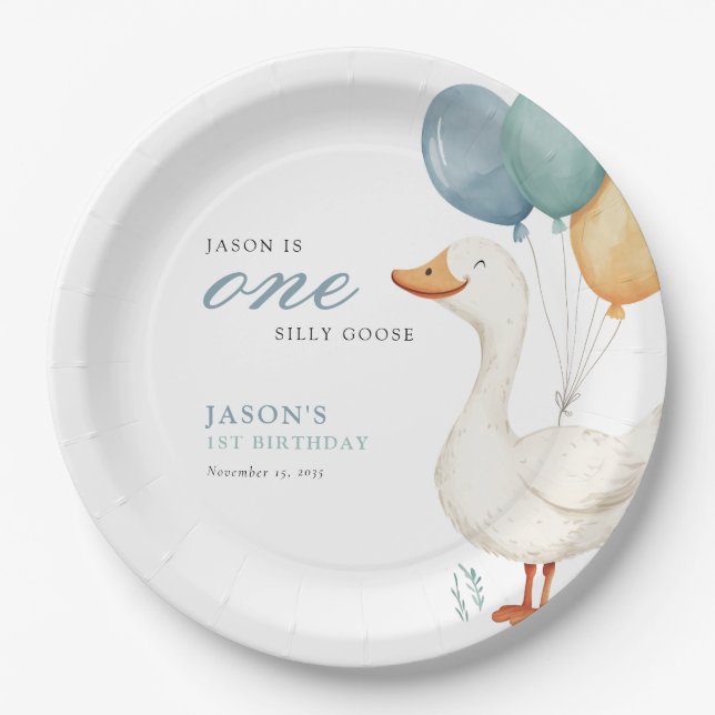 One Silly Goose Boy 1st Birthday Party Paper Plate (Front)