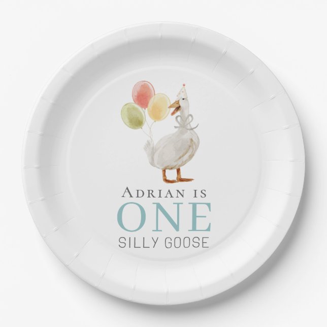 One Silly Goose Boy Blue 1st Birthday Paper Plate (Front)