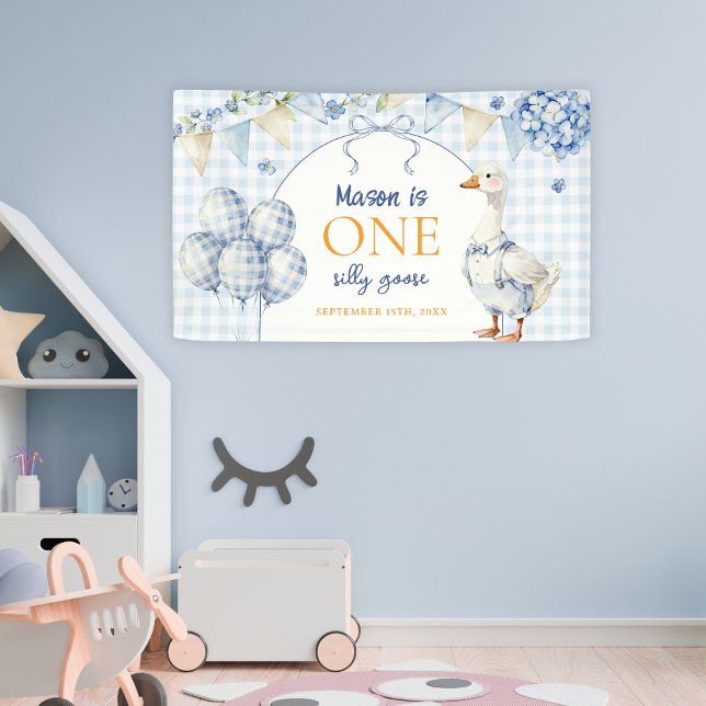 One Silly Goose Boy First Birthday Blue Gingham Banner (Creator Uploaded)