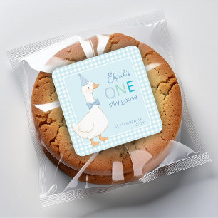 One Silly Goose Boy First Birthday Blue Party Hat Square Sticker