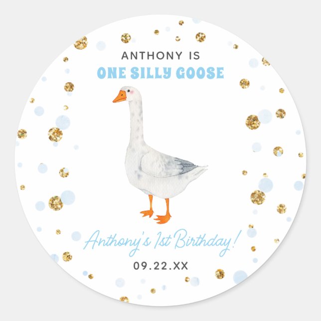 One Silly Goose Boys 1st Birthday Party Classic Round Sticker (Front)