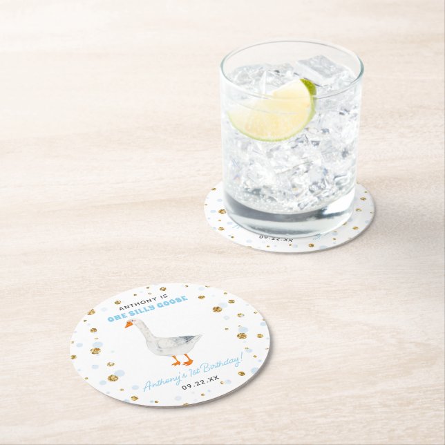 One Silly Goose Boys 1st Birthday Party Round Paper Coaster (Insitu)