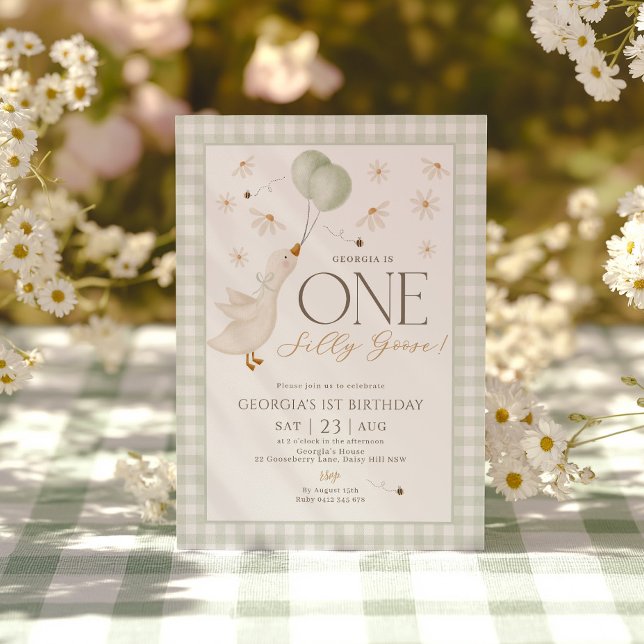 One Silly Goose Boys 1st Birthday Sage Gingham Invitation (Silly Goose 1st Birthday Boys Sage Green Gingham Invitation)