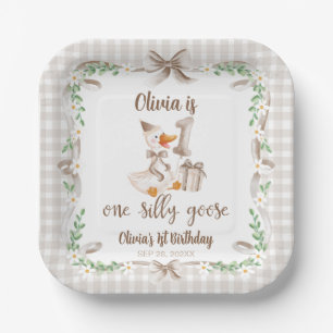 One Silly Goose Brown Bow 1st Birthday Paper Plate