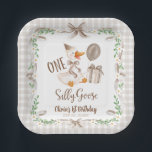 One Silly Goose Brown Bow 1st Birthday Paper Plate<br><div class="desc">Get ready to celebrate your little one’s first birthday with the One Silly Goose 1st Birthday Suite! This charming suite features an adorable goose wearing a cute brown bow, surrounded by sweet daisy flowers and cheerful greenery. All this cuteness comes together against a fun beige-checkered watercolor backdrop, making it perfect...</div>