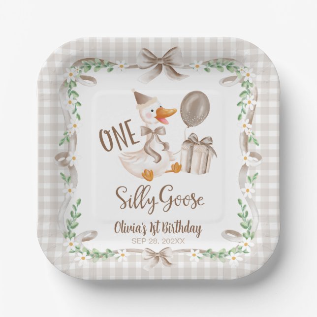 One Silly Goose Brown Bow 1st Birthday Paper Plate (Front)