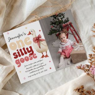 One Silly Goose Christmas Bow 1st Birthday Photo Invitation