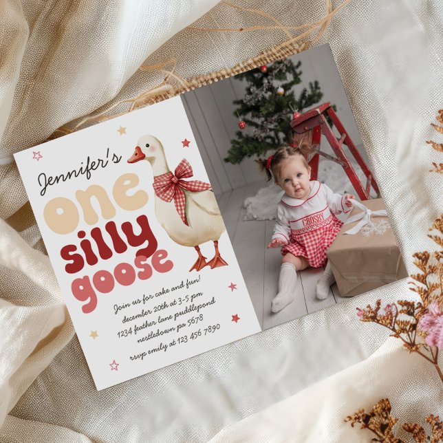 One Silly Goose Christmas Bow 1st Birthday Photo Invitation (Creator Uploaded)