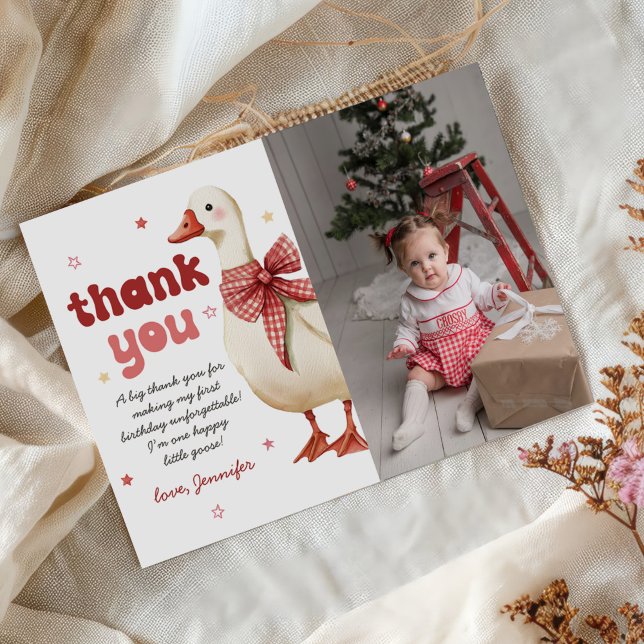 One Silly Goose Christmas Bow 1st Birthday Photo Thank You Card (Creator Uploaded)