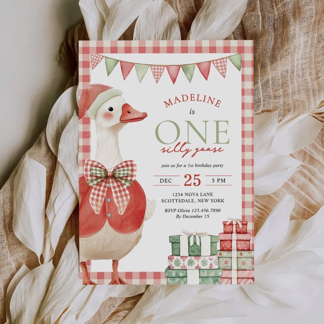 One Silly Goose Christmas Gingham 1st Birthday Invitation (Creator Uploaded)