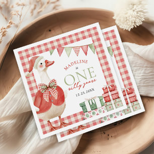 One Silly Goose Christmas Gingham 1st Birthday Napkin