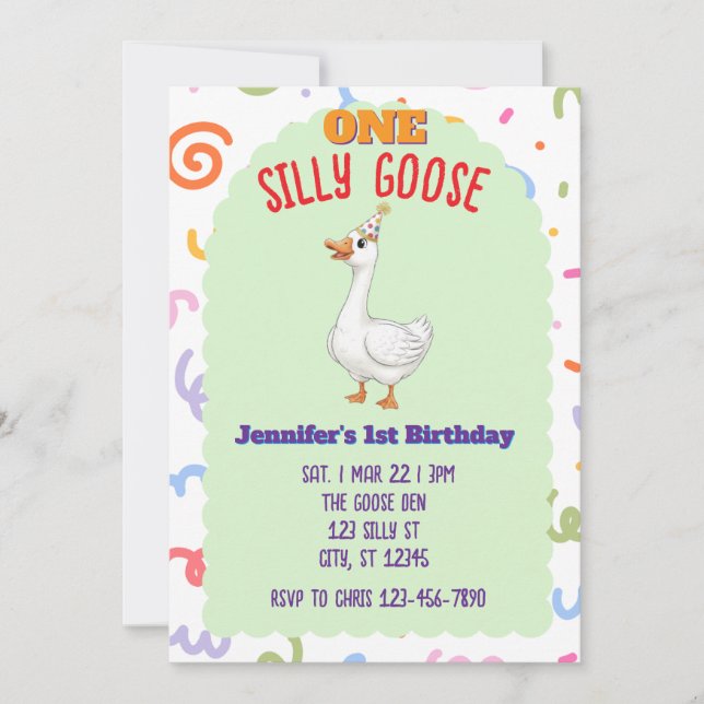 ONE Silly Goose, Colorful 1st Birthday Invitation (Front)