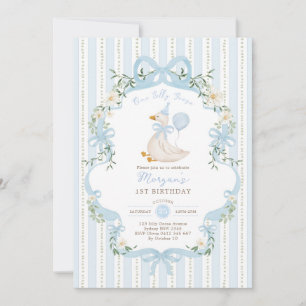 One Silly Goose Coquette Blue Stripe 1st Birthday Invitation