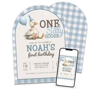One Silly Goose Customised Blue 1st Birthday Arch Invitation