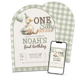 One Silly Goose Customised Green 1st Birthday Arch Invitation<br><div class="desc">Celebrate your little one's big day with our One Silly Goose Customised Sage Green 1st Birthday Arch Invitation! This playful and modern design features an adorable goose in a charming sage green colour palette, perfect for a gender-neutral or whimsical first birthday party. The trendy arch shape adds a unique touch,...</div>