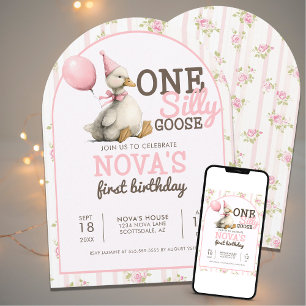 One Silly Goose Customized Pink 1st Birthday Arch Invitation