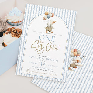 One Silly Goose Cute Pinstripe Boy 1st Birthday Invitation