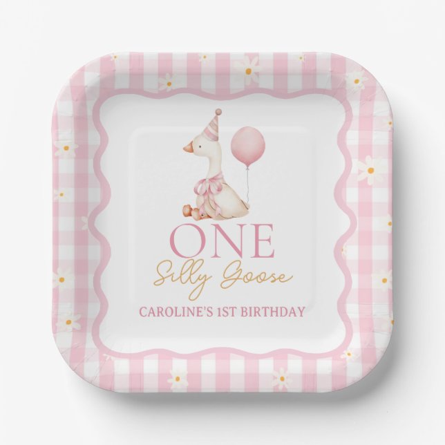 One Silly Goose Daisy Gingham 1st Birthday Paper Plate (Front)