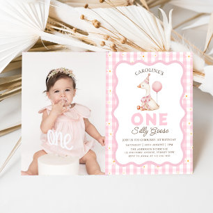 One Silly Goose Daisy Gingham 1st Birthday Photo Invitation