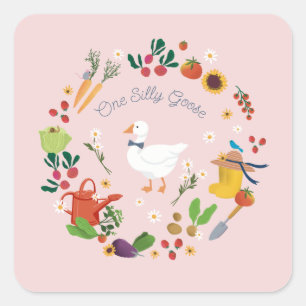 One Silly Goose Farmer Garden Theme Pink Square Sticker