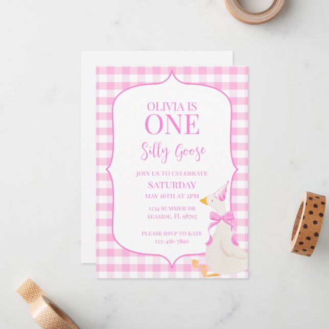 One Silly Goose First Birthday Birthday Invitation (Front/Back In Situ)