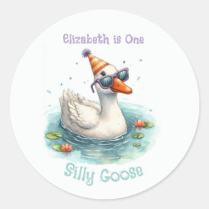 “One Silly Goose” First Birthday Party Classic Round Sticker