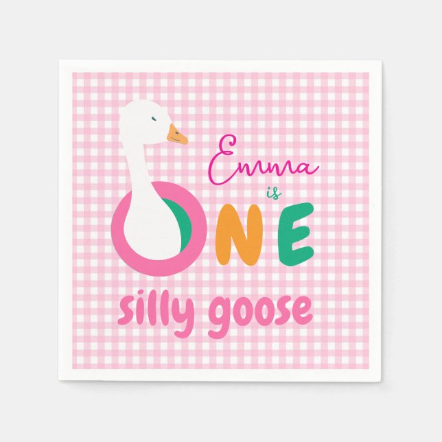 One Silly Goose First Birthday Party Pink Gingham Napkin (Front)