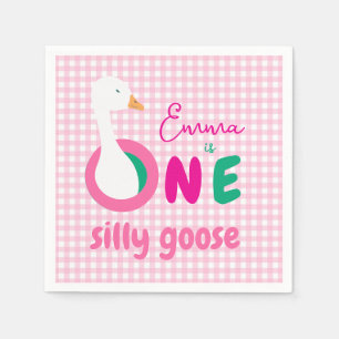 One Silly Goose First Birthday Party Pink Gingham Napkin