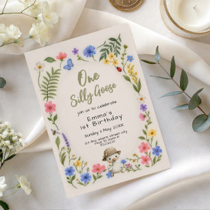 One silly goose floral cute 1st birthday  invitation