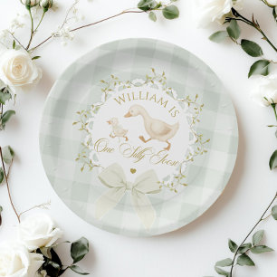 One Silly Goose Gender neutral Sage green Birthday Paper Plate