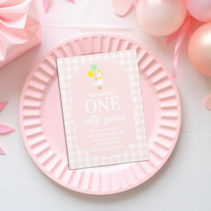 One Silly Goose Gingham 1st Birthday Invitation