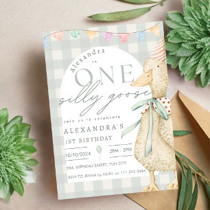 One Silly Goose Gingham 1st Birthday Invitation