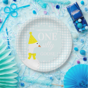 One Silly Goose Gingham 1st Birthday Paper Plate