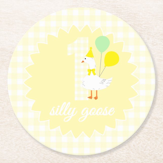 One Silly Goose Gingham 1st Birthday Round Paper Coaster (Front)