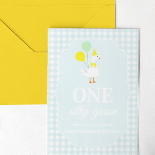 One Silly Goose Gingham 1st Birthday Thank You Card